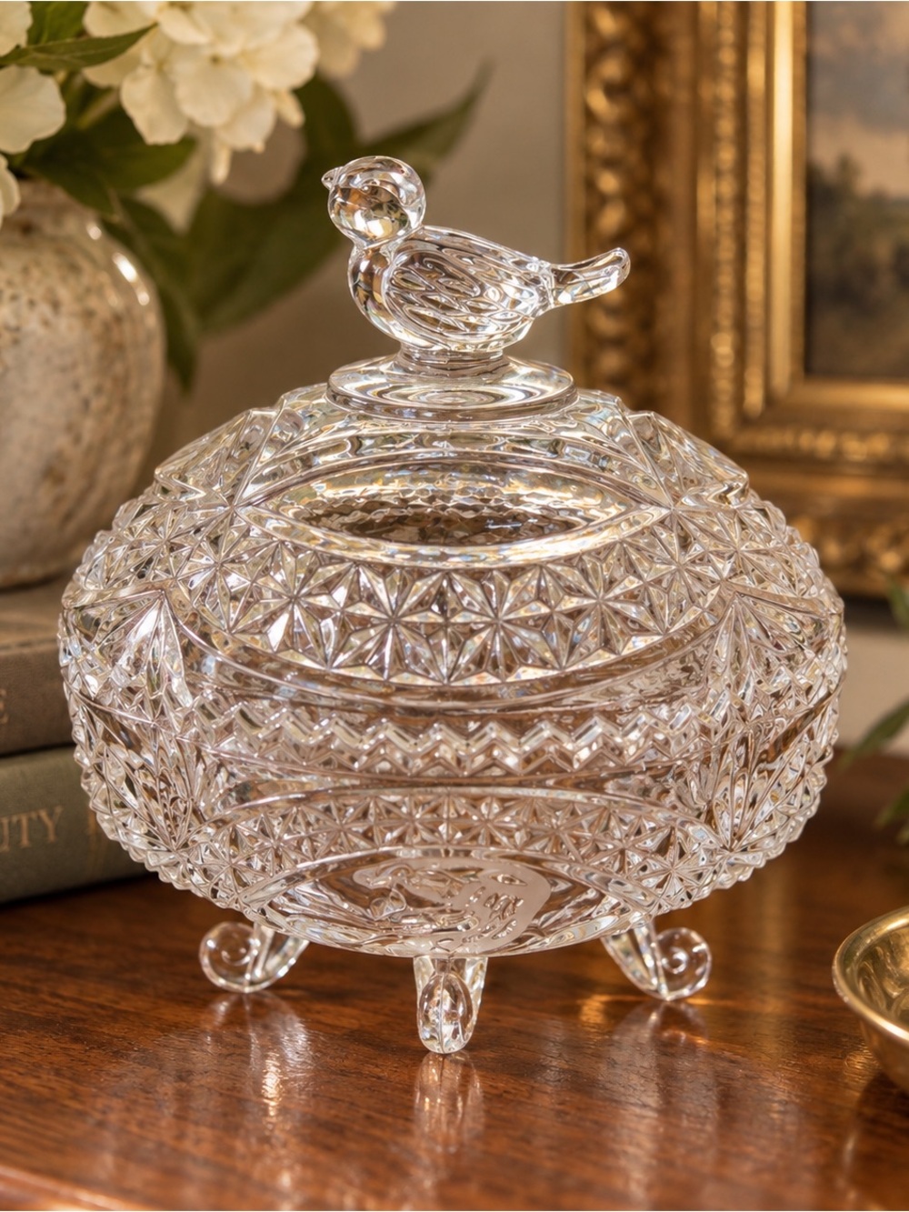 Crystal Glass Candy Dish with Bird Lid - Clear